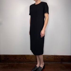 Black Midi Sheath Dress – Classic Little Black Dress, Minimalist Short Sleeve
